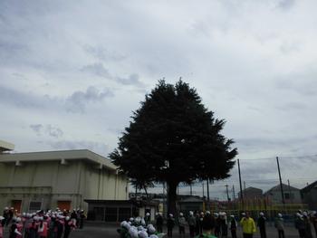 並ぶ児童がドローンを見上げる