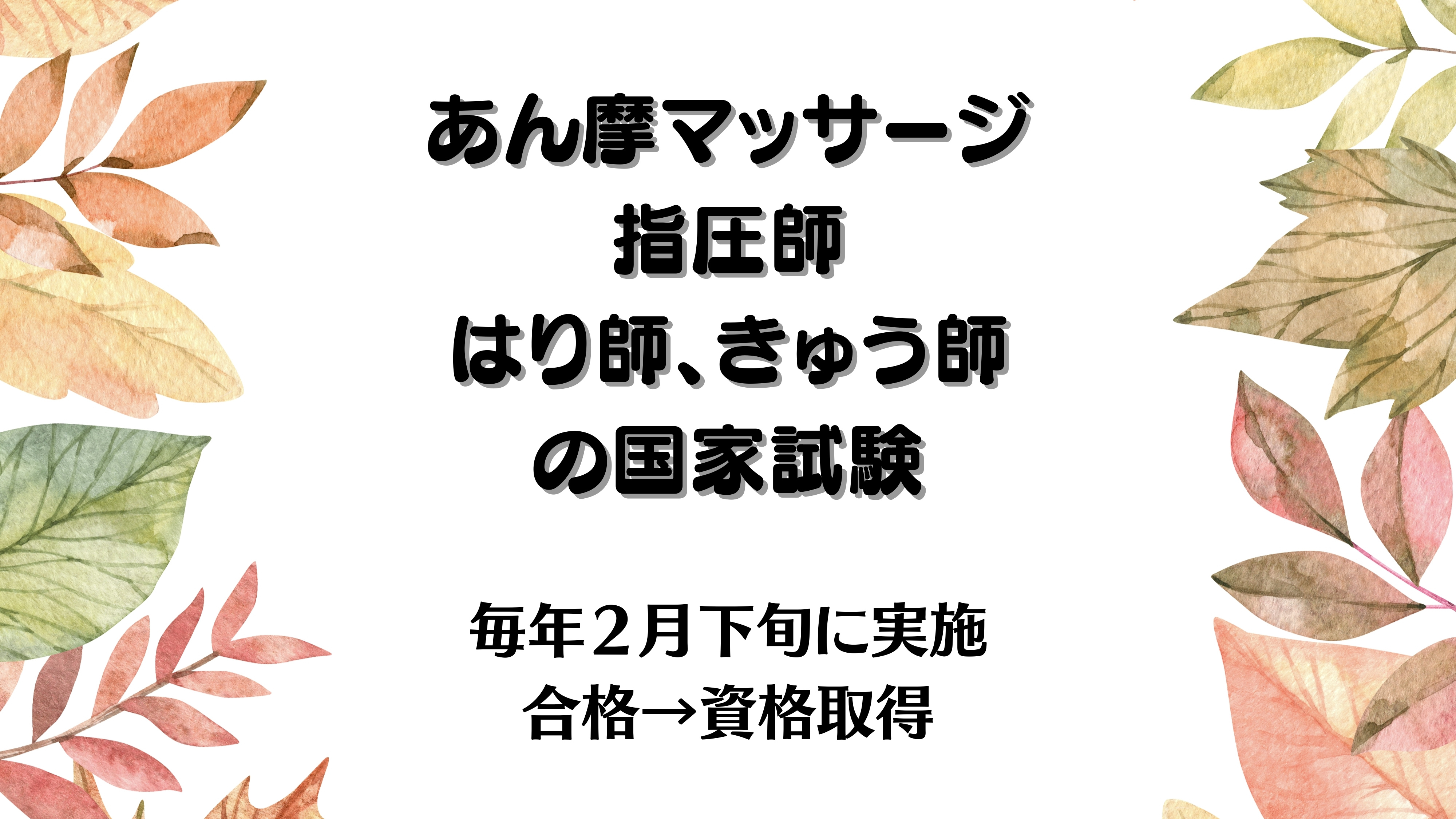 あん摩マッサージ指圧師とはり師、きゅう師の国家試験毎年２月下旬に実施合格→資格取得