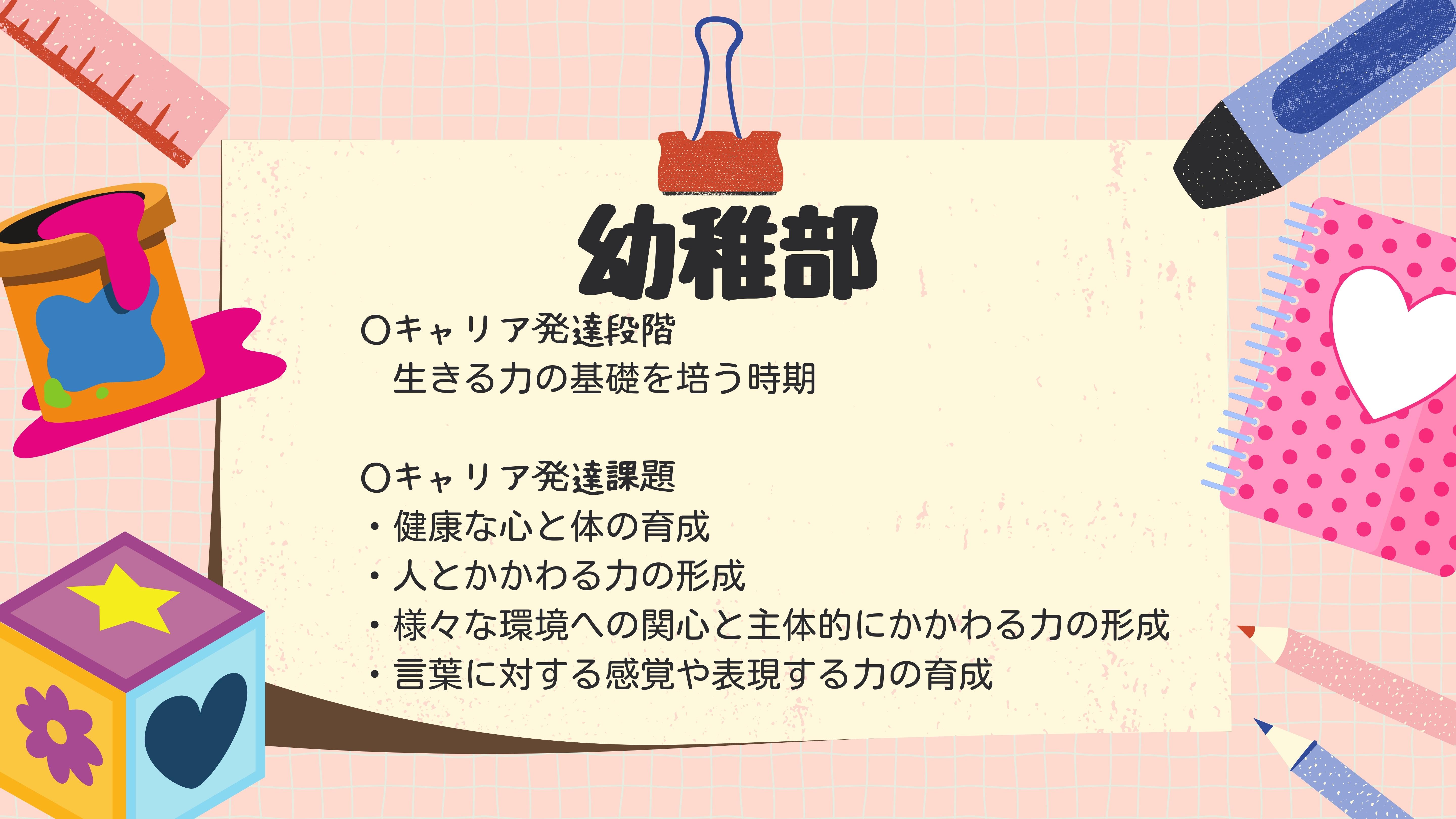 幼稚部　○キャリア発達段階 　生きる力の基礎を培う時期  ○キャリア発達課題 ・健康な心と体の育成・人とかかわる力の形成・様々な環境への関心と主体的にかかわる力の形成・言葉に対する感覚や表現する力の育成 