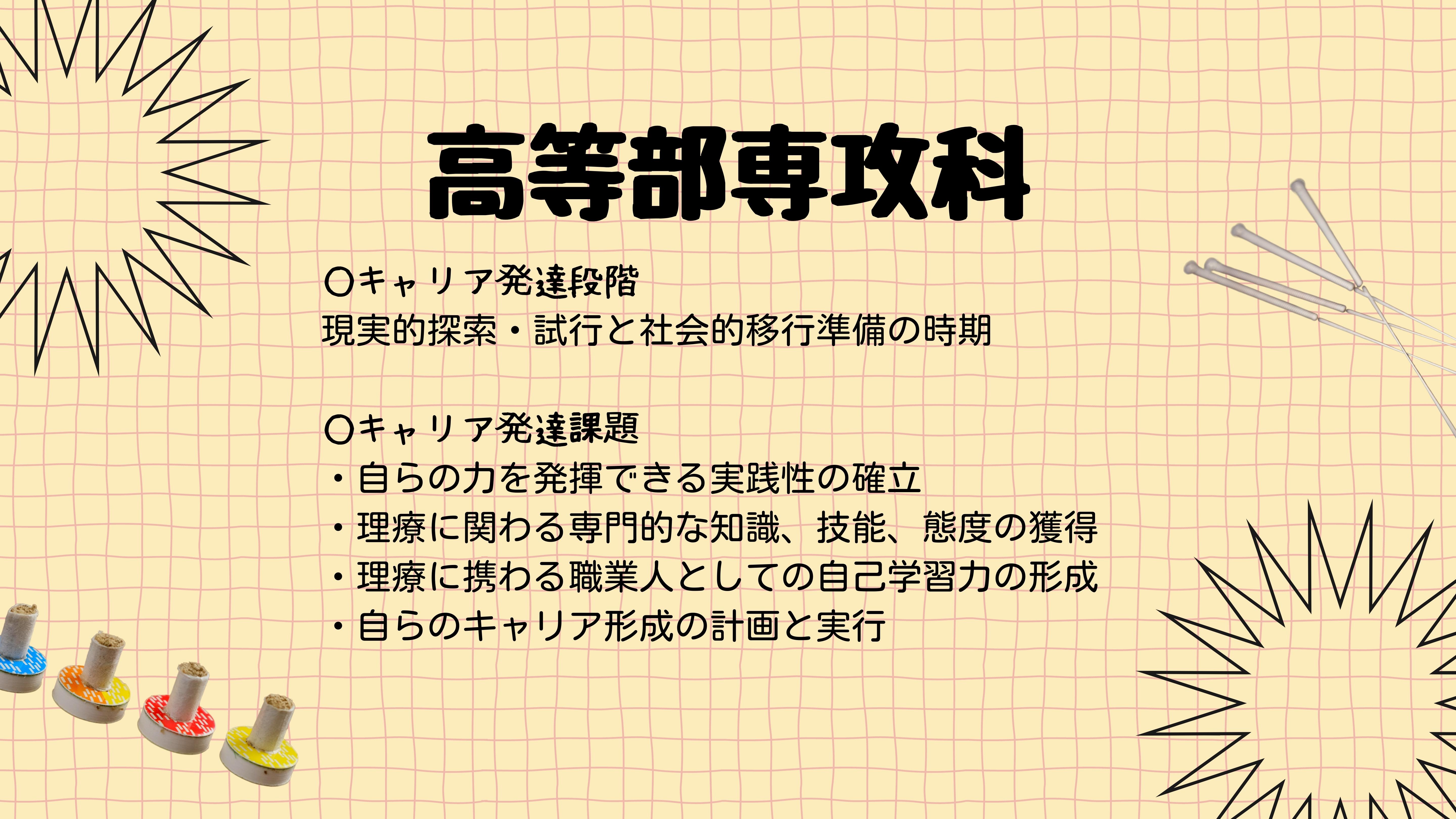 高等部専攻科　○キャリア発達段階 現実的探索・試行と社会的移行準備の時期   ○キャリア発達課題 ・自らの力を発揮できる実践性の確立・理療に関わる専門的な知識、技能、態度の獲得・理療に携わる職業人としての自己学習力の形成・自らのキャリア形成の計画と実行 