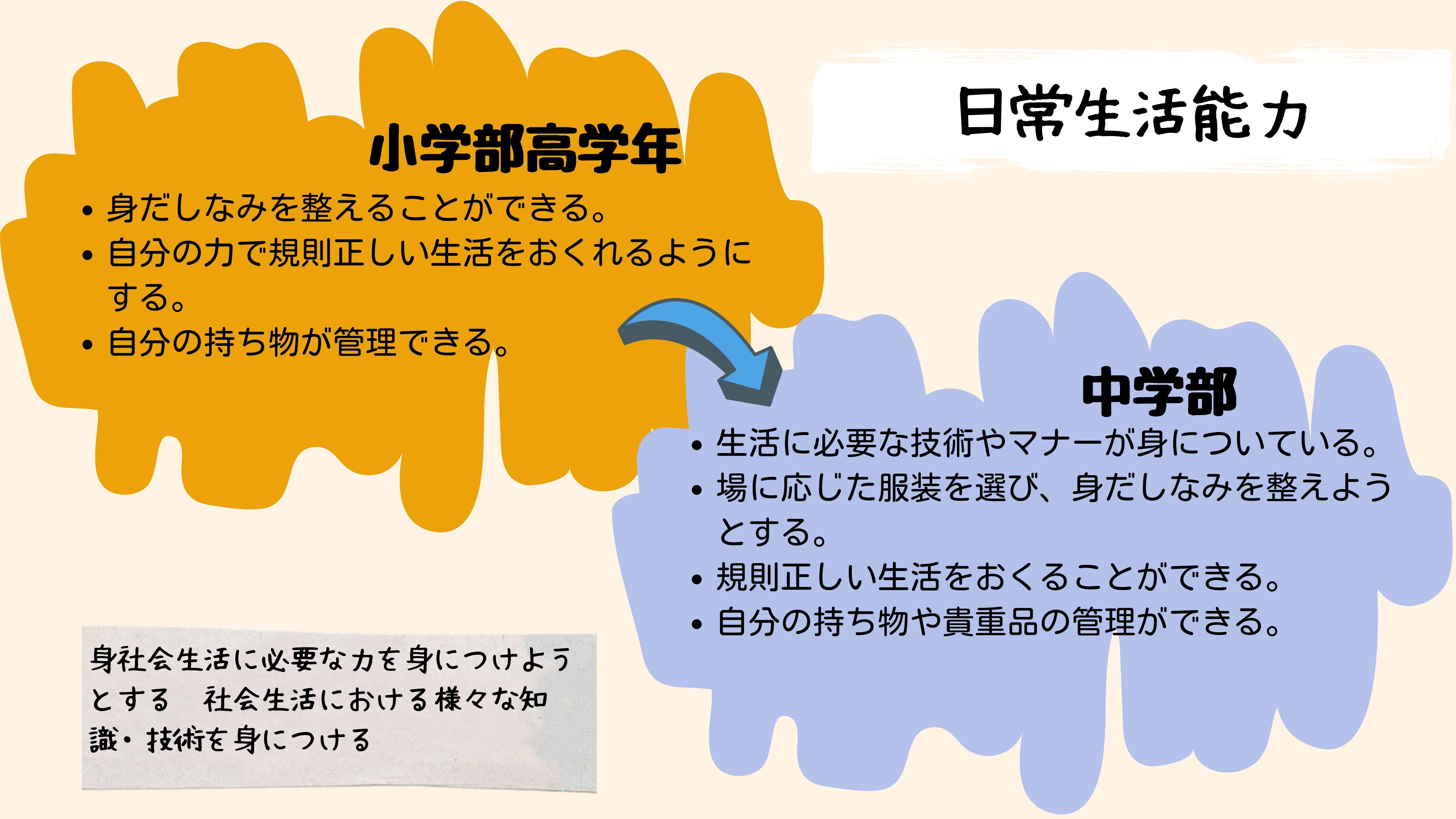 日常生活能力：小学部高学年　・身だしなみを整えることができる。・自分の力で規則正しい生活をおくれるようにする。・自分の持ち物が管理できる。　中学部　・生活に必要な技術やマナーが身についている。・場に応じた服装を選び、身だしなみを整えようとする。・規則正しい生活をおくることができる。・自分の持ち物や貴重品の管理ができる。　社会生活に必要な力を身につけようとする　社会生活における様々な知識・技術を身につける