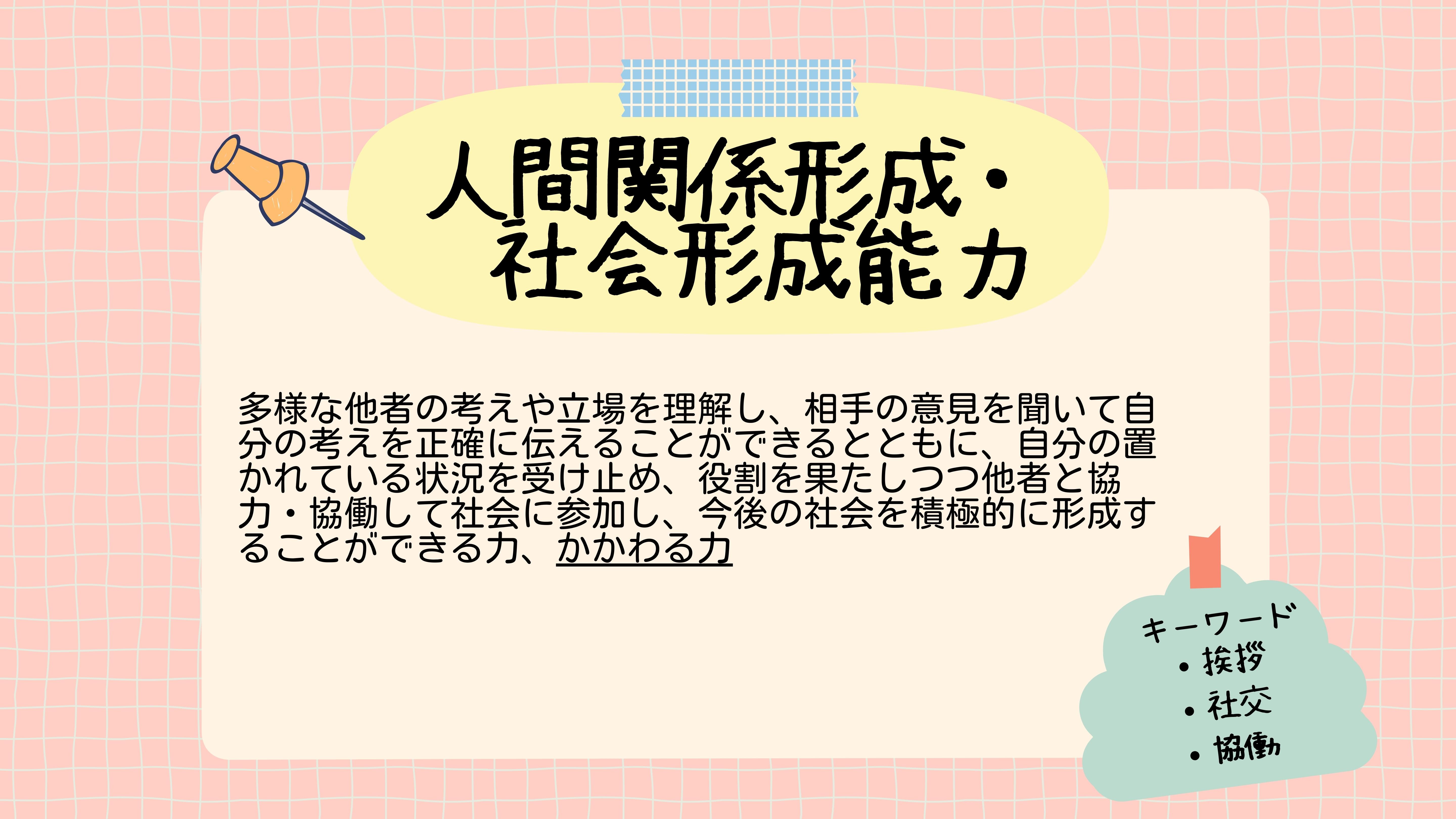 人間関係形成・社会形成能力：多様な他者の考えや立場を理解し、相手の意見を聞いて自分の考えを正確に伝えることができるとともに、自分の置かれている状況を受け止め、役割を果たしつつ他者と協力・協働して社会に参画し、今後の社会を積極的に形成することができる力、　かかわる力　　キーワード：挨拶・社交・協働 