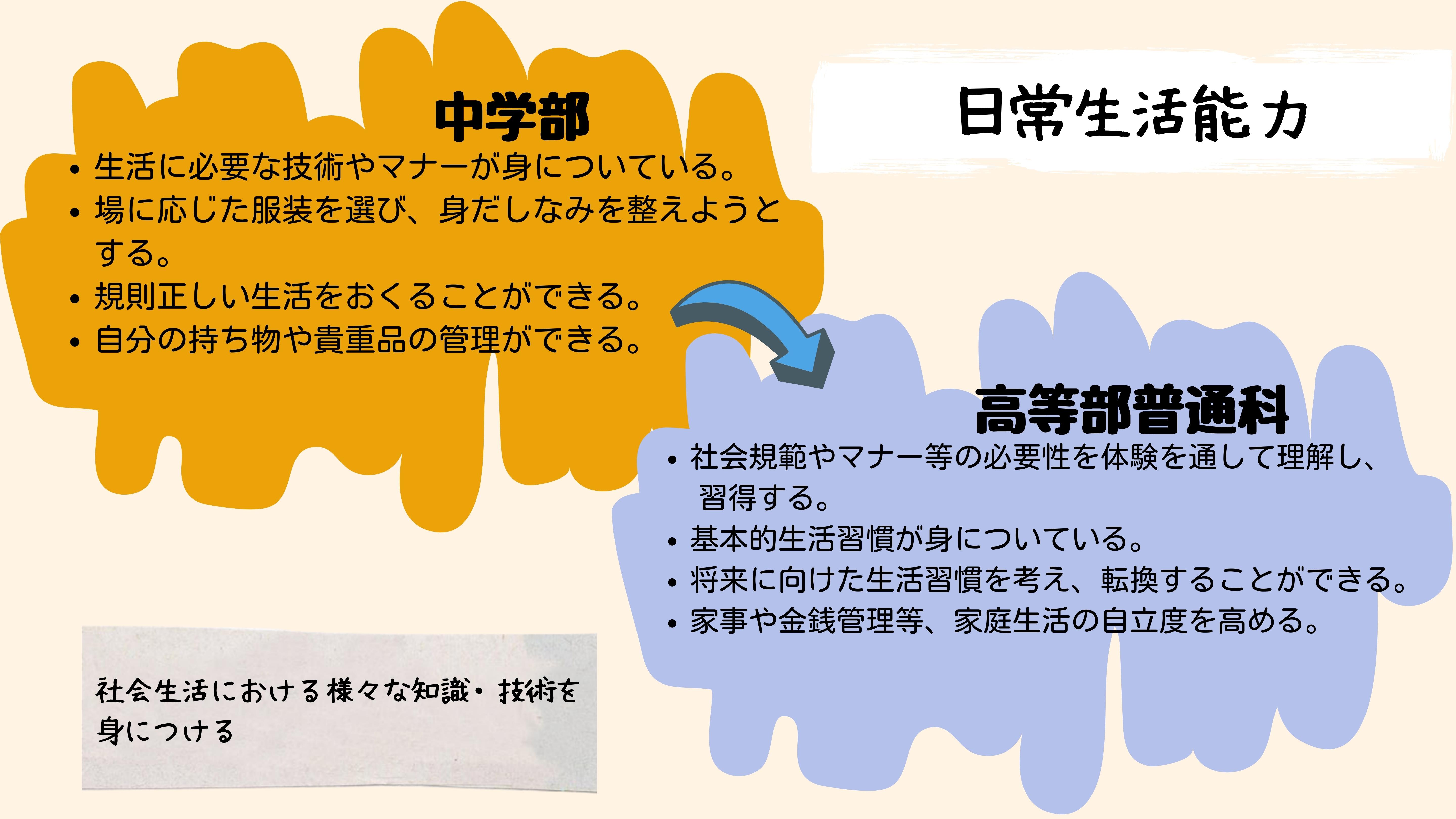 日常生活能力：　中学部　・生活に必要な技術やマナーが身についている。・場に応じた服装を選び、身だしなみを整えようとする。・規則正しい生活をおくることができる。・自分の持ち物や貴重品の管理ができる。　高等部普通科　・社会規範やマナー等の必要性を体験を通して理解し、習得する。・基本的生活習慣が身についている。・将来に向けた生活習慣を考え、転換することができる。・家事や金銭管理等、家庭生活の自立度を高める。　社会生活における様々な知識・技術を身につける