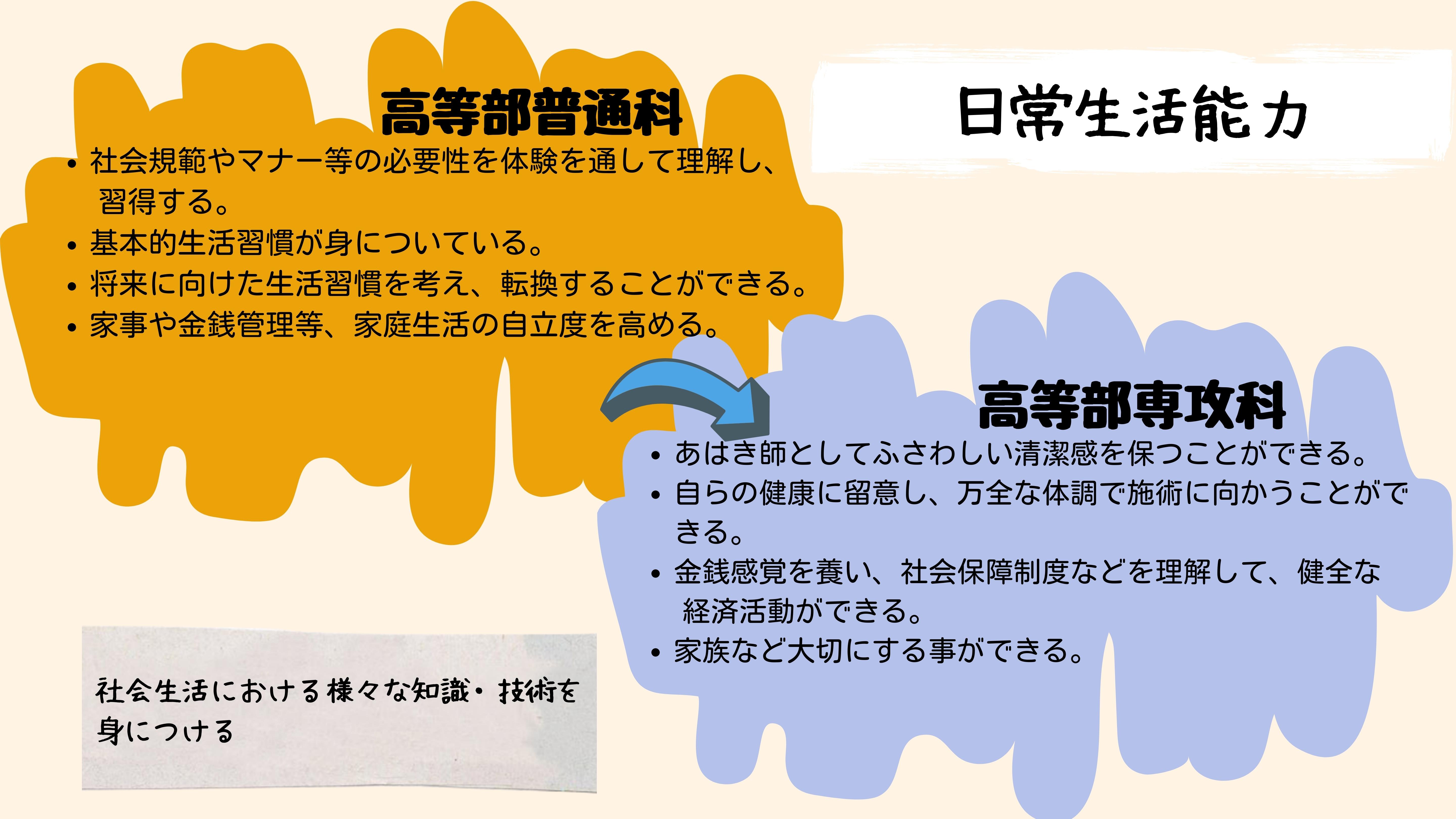 日常生活能力：　高等部普通科　・社会規範やマナー等の必要性を体験を通して理解し、習得する。・基本的生活習慣が身についている。・将来に向けた生活習慣を考え、転換することができる。・家事や金銭管理等、家庭生活の自立度を高める。　高等部専攻科　・あはき師としてふさわしい清潔感を保つことができる。・自らの健康に留意し、万全な体調で施術に向かうことができる。・金銭感覚を養い、社会保障制度などを理解して、健全な経済活動ができる。・家族などを大切にすることができる。　社会生活における様々な知識・技術を身につける