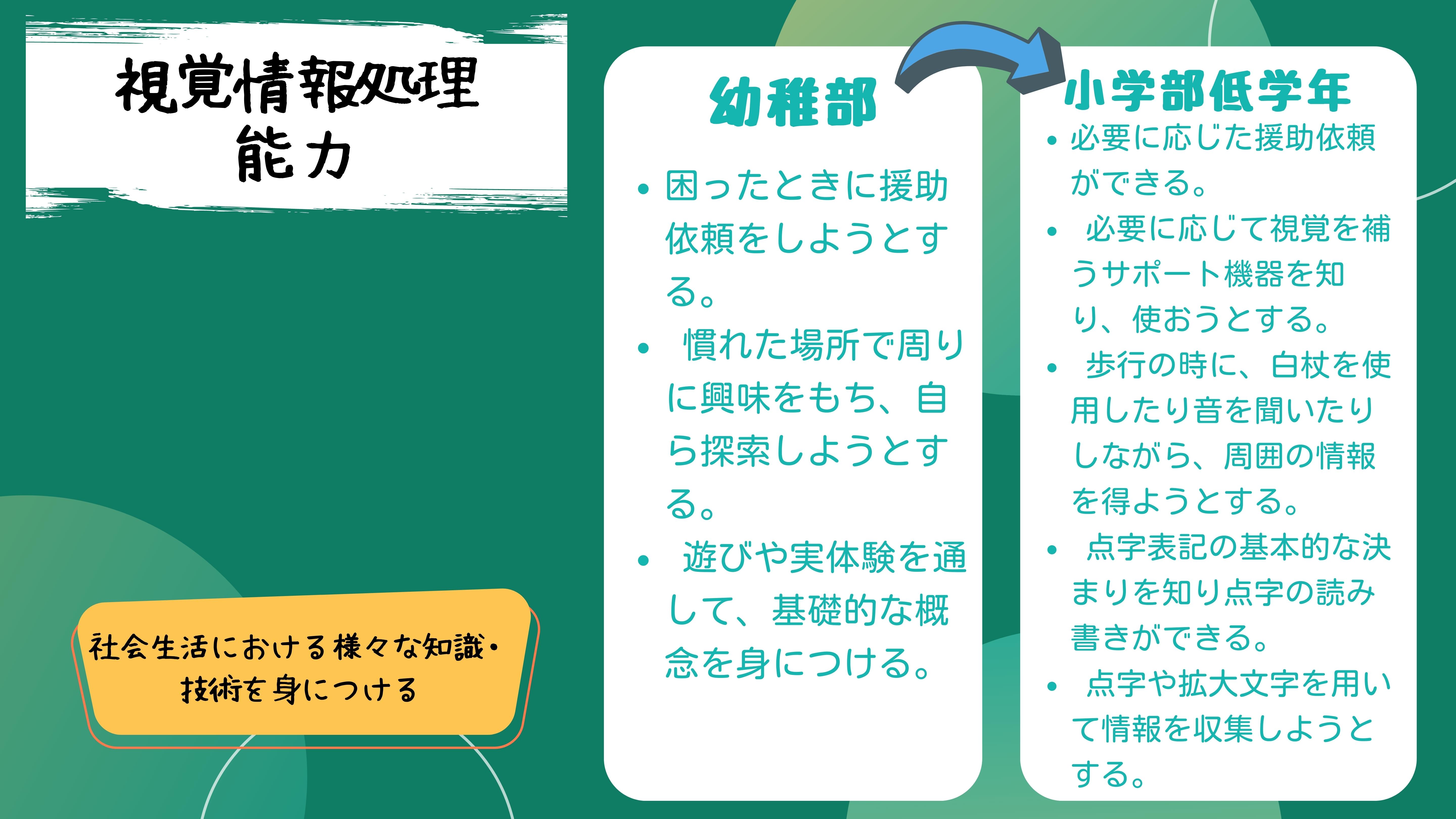 視覚情報処理能力：　幼稚部　・困ったときに援助依頼をしようとする。・慣れた場所で周りに興味をもち、自ら探索しようとする。・遊びや実体験を通して、基礎的な概念を身につける。　小学部低学年　・必要に応じた援助依頼ができる。・必要に応じて視覚を補うサポート機器を知り、使おうとする。・歩行の時に、白杖を使用したり音を聞いたりしながら、周囲の情報を得ようとする。・点字表記の基本的な決まりを知り点字の読み書きができる。・点字や拡大文字を用いて情報を収集しようとする。　社会生活における様々な知識・技術を身につける