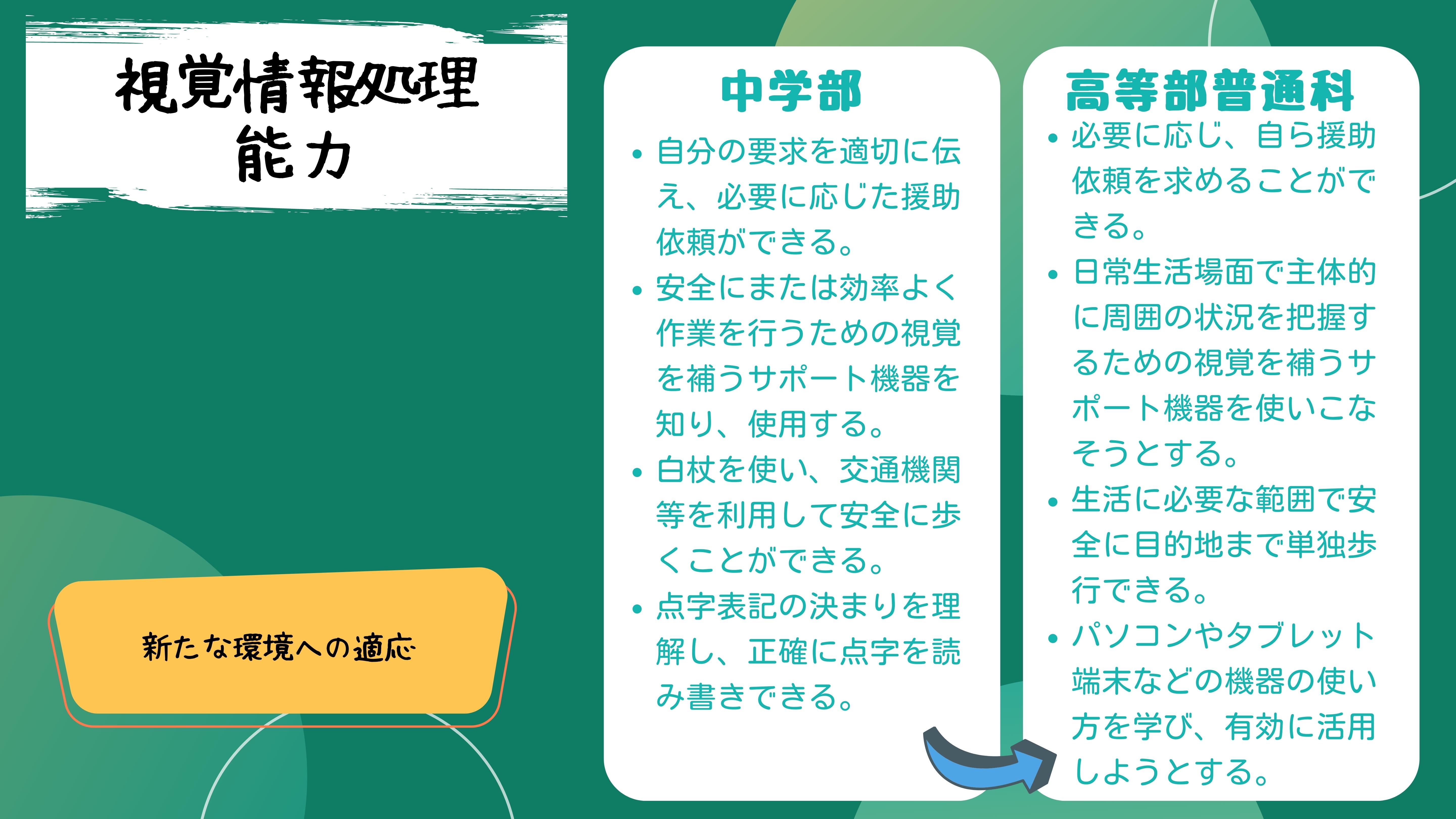 視覚情報処理能力：中学部　・自分の要求を適切に伝え、必要に応じた援助依頼ができる。・安全にまたは効率よく作業を行うための視覚を補うサポート機器を知り、使用する。・白杖を使い、交通機関等を利用して安全に歩くことができる。・点字表記の決まりを理解し、正確に点字を読み書きできる。高等部普通科　　・必要に応じ、自ら援助依頼を求めることができる。・日常生活場面で主体的に周囲の状況を把握するための視覚を補うサポート機器を使いこなそうとする。・生活に必要な範囲で安全に目的地まで単独歩行できる。・パソコンやタブレット端末などの機器の使い方を学び、有効に活用しようとする。　新たな環境への適応