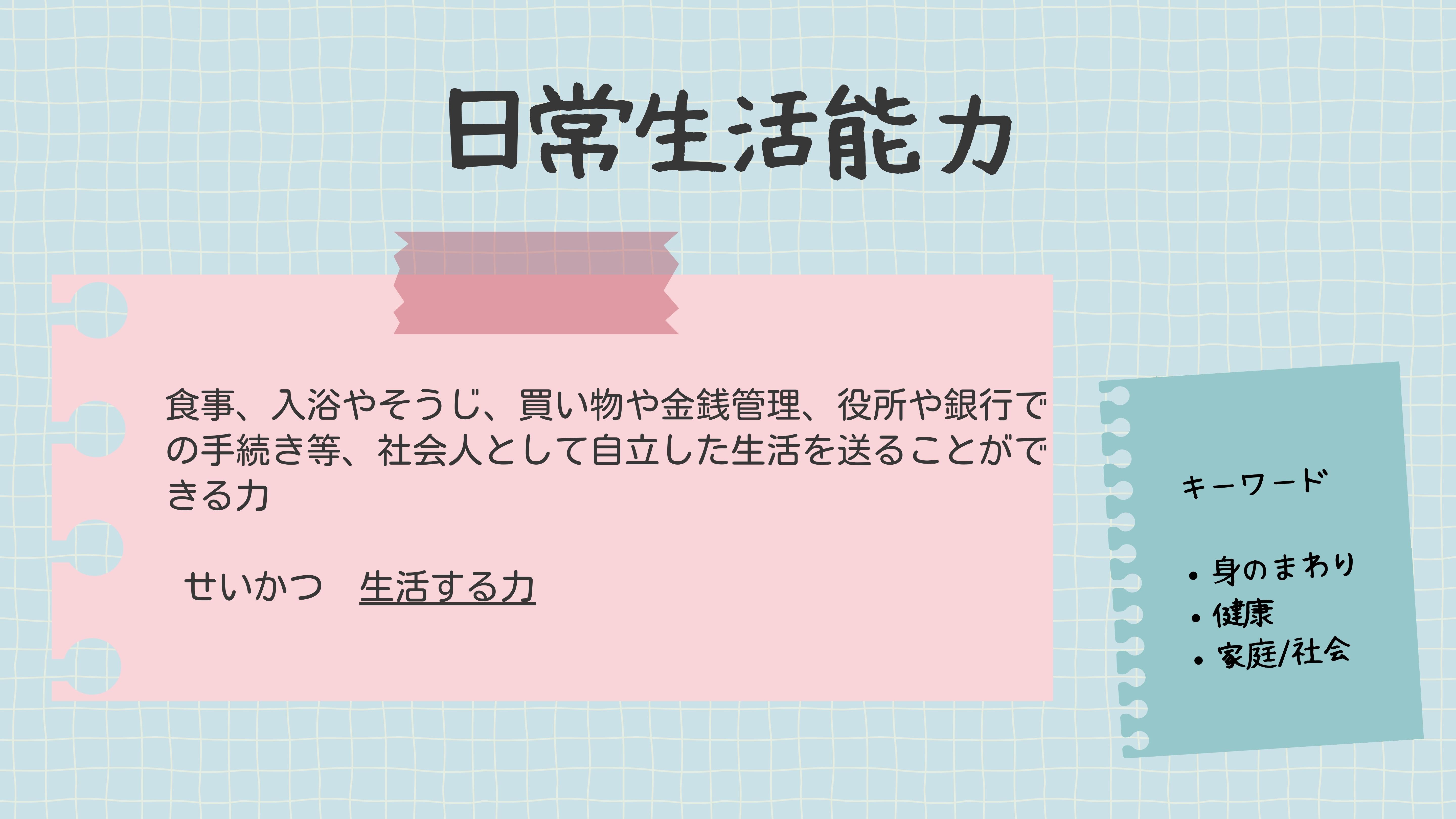 日常生活能力　食事、入浴やそうじ、買い物や金銭管理、役所や銀行での手続き等、社会人として自立した生活を送ることができる力せいかつ　生活する力キーワード身のまわり・健康・家庭/社会 