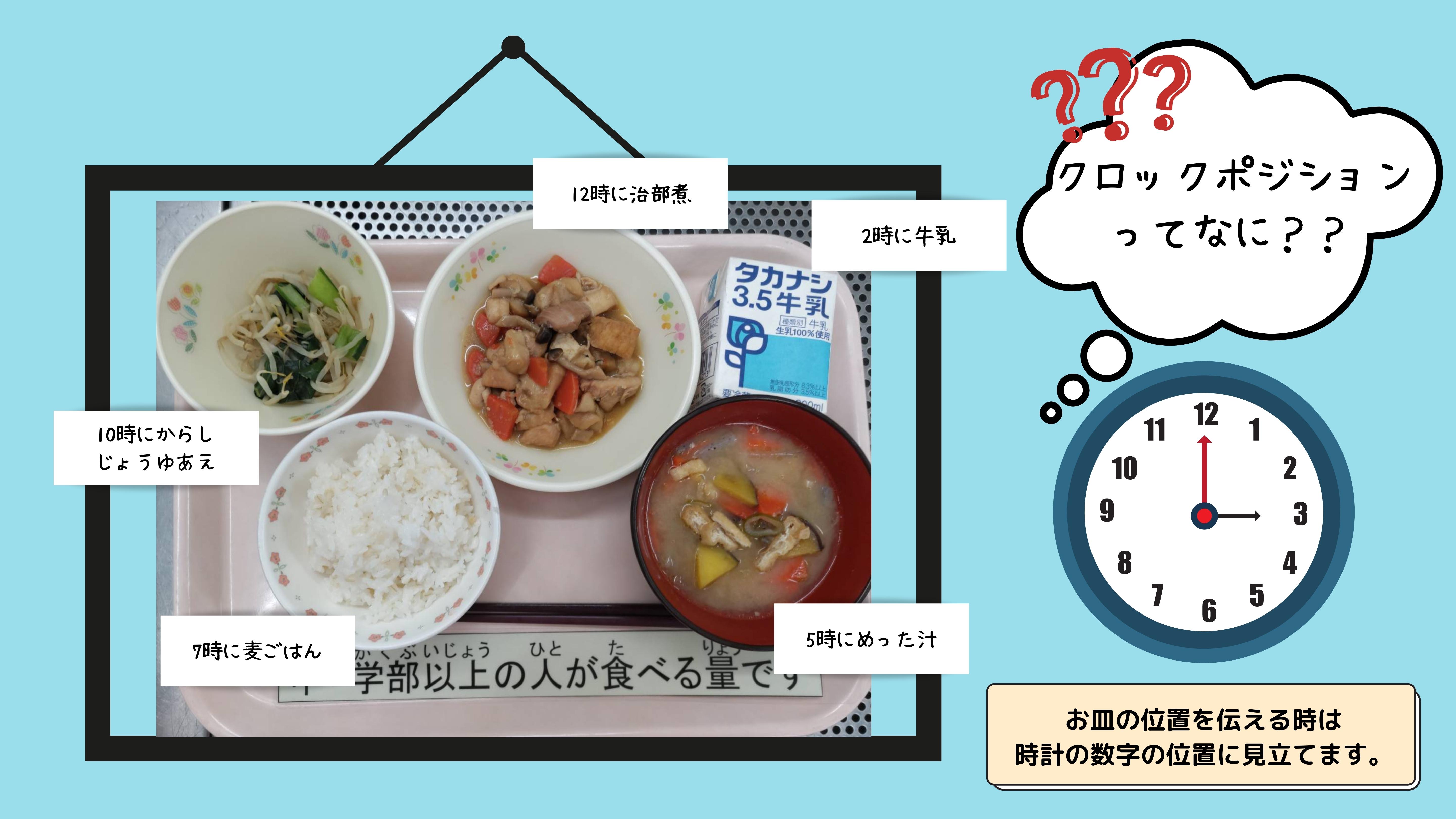 クロックポジションってなに？ お皿の位置を伝える時は時計の数字の位置に見立てます。 7時に麦ごはん、10じにからしじょうゆあえ、12時に治部に、2時に牛乳、5時にめったじる