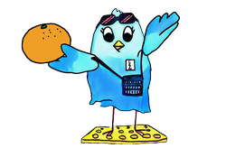 みかんを持ったしもん（本校のマスコットキャラクター）