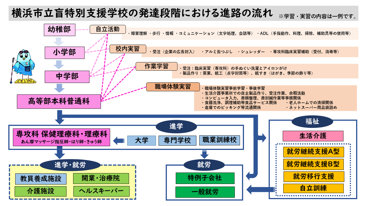 横浜市立盲特別支援学校の発達段階における進路の流れ 進路図は、次のように 上から下へ 発達段階が並んでいきます。 １．幼稚部　２．小学部　３．中学部　４．高等部本科（普通科）　５．高等部専攻科（理療科・保健理療科）  それぞれの段階を進むごとに、 自立活動 → 校内実習 → 作業学習 → 職場体験実習という流れで進みます。 幼稚部・小学部・中学部・普通科の自立活動では ・障害理解・歩行・情報・コミュニケーション（文字処理、会話等）・ADL（手指動作、料理、掃除、補助具等の使用を含む）を学びます。 小学部・中学部・普通科の校内実習では ・受注：企業の広告封入・アルミ缶つぶし・シュレッター・専攻科臨床実習補助・受付、消毒、領収書押印等を行います。 中学部・普通科の作業学習では ・受注：臨床実習（専攻科）の手ぬぐい洗濯とアイロンがけ ・製品作り：窯業、紙工（点字封筒等）、紙すき（はがき、季節の飾り等）などを行います。 普通科の職場体験実習では・職場体験実習事前学習・事後学習 ・生活介護事業所での自主製品作り、受注作業、余暇活動 ・コンピュータ入力、書類整理、書封緘作業等事務関係 ・食器洗浄、調理補助等食品サービス関係　・老人ホームでの清掃関係　・倉庫でのピッキング等流通関係　・ネットスーパー商品袋詰めなどを行います。