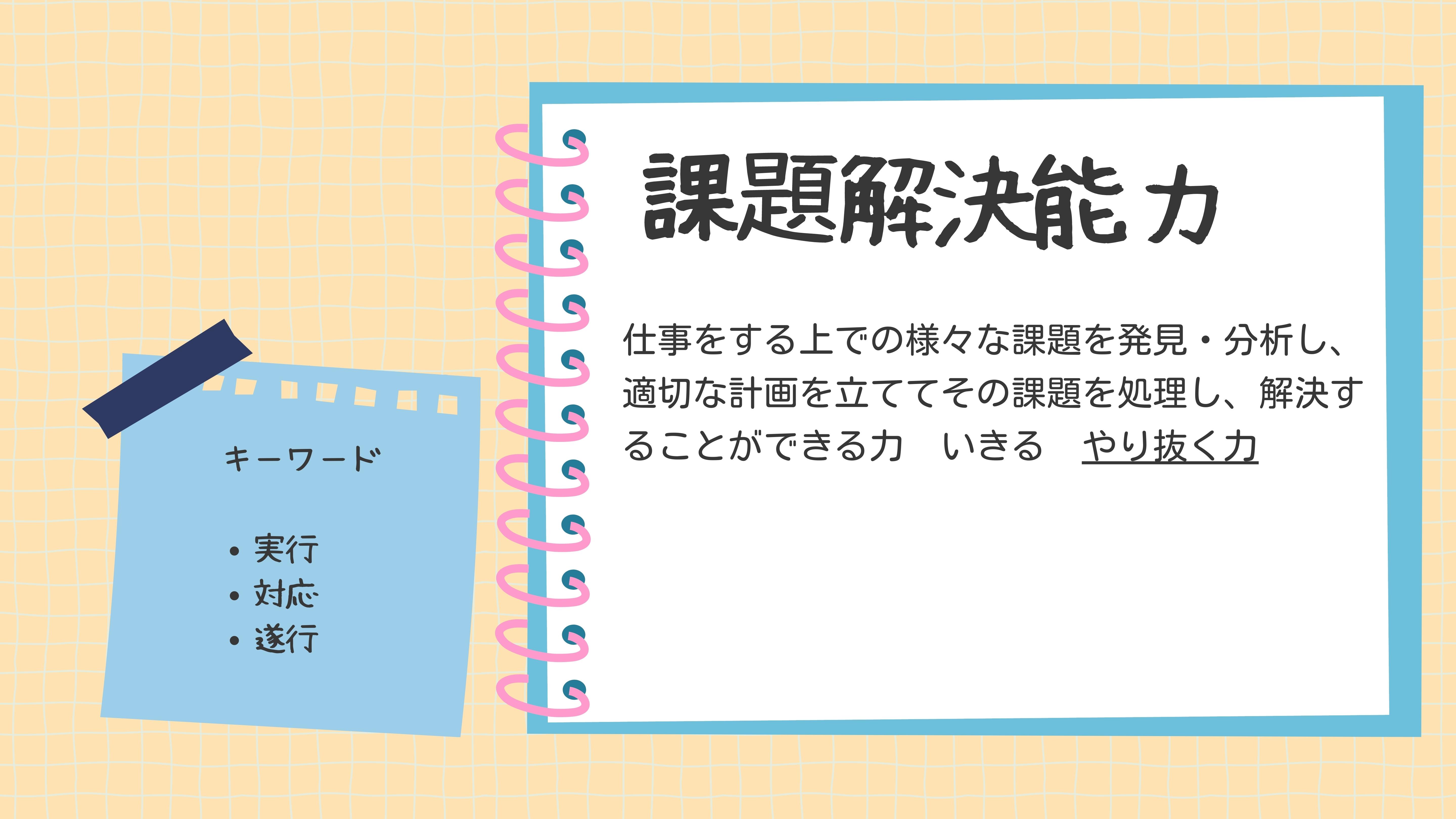 課題解決能力　仕事をする上での様々な課題を発見・分析し、適切な計画を立ててその課題を処理し、解決することができる力　　 いきる　やり抜く力キーワード実行・対応・遂行 